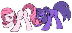 Size: 1024x472 | Tagged: safe, artist:muhammad yunus, oc, oc only, oc:annisa trihapsari, oc:violetta cuddles belle, earth pony, pony, unicorn, adorasexy, annibutt, base used, butt, cute, duo, duo female, earth pony oc, female, lesbian couple, looking at you, looking back, looking back at you, mare, plot, plot pair, ponytail, sexy, simple background, smiling, smiling at you, sultry pose, transparent background