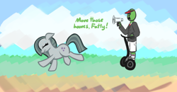Size: 1364x710 | Tagged: safe, artist:purblehoers, marble pie, oc, oc:anon, earth pony, pony, g4, chubby, doodle, duo, exercise, female, mare, megaphone, running, segway, sweat, text, visor, yelling