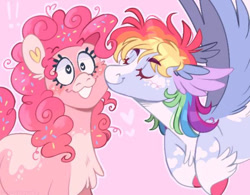 Size: 614x479 | Tagged: safe, artist:wanderingpegasus, pinkie pie, rainbow dash, earth pony, pegasus, pony, g4, alternate hairstyle, blushing, cheek kiss, chest fluff, cute, dashabetes, diapinkes, duo, eyes closed, feathered ears, female, flying, grin, heart, heart ears, heart eyes, kissing, lesbian, mare, markings, redesign, ship:pinkiedash, shipping, smiling, unshorn fetlocks, wingding eyes