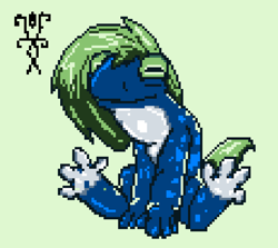 Size: 692x616 | Tagged: safe, artist:damset, oc, oc only, frog, hybrid, monster pony, green background, looking at you, ms paint, pixel art, simple background, sitting, solo