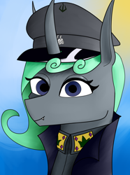 Size: 1248x1680 | Tagged: safe, artist:hno3, oc, oc only, oc:queen aurantia, changeling, changeling queen, equestria at war mod, equestria rises still (equestria at war submod), bust, changeling oc, changeling queen oc, clothes, female, gradient background, green mane, hat, portrait
