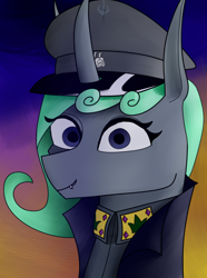 Size: 1248x1680 | Tagged: safe, artist:hno3, oc, oc only, oc:queen aurantia, changeling, changeling queen, equestria at war mod, equestria rises still (equestria at war submod), bust, changeling oc, changeling queen oc, clothes, evening, female, gradient background, green mane, hat, portrait, solo, uniform