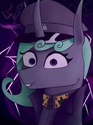 Size: 1248x1680 | Tagged: safe, artist:hno3, oc, oc only, oc:queen aurantia, changeling, changeling queen, equestria at war mod, equestria rises still (equestria at war submod), bust, changeling oc, changeling queen oc, clothes, female, green mane, hat, lightning, portrait, solo, storm, uniform