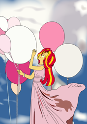 Size: 596x842 | Tagged: safe, artist:hakdurbin, sunset shimmer, human, equestria girls, g4, balloon, clothes, dress, sky background, solo