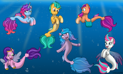 Size: 5030x3030 | Tagged: safe, artist:small-brooke1998, hitch trailblazer, izzy moonbow, misty brightdawn, pipp petals, sunny starscout, zipp storm, alicorn, earth pony, merpony, pegasus, pony, seapony (g4), unicorn, g5, bubble, crepuscular rays, digital art, dorsal fin, eyes closed, female, fin, fin wings, fins, fish tail, flowing mane, flowing tail, glowing, glowing horn, green eyes, happy, horn, male, mane five, mane six (g5), mane stripe sunny, mare, mermay, new design, ocean, open mouth, open smile, pink eyes, rebirth misty, seaponified, seapony hitch trailblazer, seapony izzy moonbow, seapony misty brightdawn, seapony pipp petals, seapony sunny starscout, seapony zipp storm, smiling, species swap, stallion, sunlight, swimming, tail, underwater, water, wings