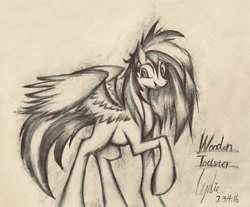 Size: 2048x1692 | Tagged: safe, artist:lydia, oc, oc:wooden toaster, pegasus, pony, glaze, looking at you, paper, pencil, pencil drawing, raised hoof, sketch, smiling, smiling at you, solo, spread wings, standing, traditional art, wings
