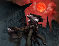 Size: 3508x2784 | Tagged: safe, artist:blazing_stred, oc, oc only, oc:kenn, earth pony, pony, blood moon, bloodborne, gun, high res, low angle, moon, red sky, solo, weapon