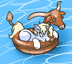 Size: 3141x2802 | Tagged: safe, artist:opalacorn, oc, oc only, oc:nootaz, pony, unicorn, commission, female, floaty, high res, inner tube, lying down, mare, open mouth, open smile, pool toy, prone, smiling, solo, sunglasses, water, ych result