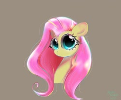 Size: 2048x1690 | Tagged: safe, artist:petaltwinkle, fluttershy, pegasus, pony, g4, big eyes, blushing, brown background, bust, ear blush, female, frown, looking at you, mare, signature, simple background, solo, staring into your soul