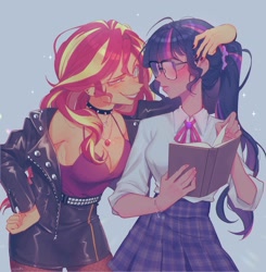 Size: 1959x2000 | Tagged: safe, artist:sushushh, sci-twi, sunset shimmer, twilight sparkle, human, equestria girls, g4, book, breasts, button-up shirt, cleavage, clothes, dark skin, dress shirt, eye contact, female, lesbian, looking at each other, looking at someone, pantyhose, ship:sci-twishimmer, ship:sunsetsparkle, shipping, shirt, skirt, tank top, white shirt