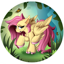 Size: 1500x1500 | Tagged: safe, artist:starcasteclipse, fluttershy, butterfly, pegasus, pony, g4, aside glance, chest fluff, colored hooves, ear tufts, ears back, feathered fetlocks, female, floppy ears, grass, lidded eyes, looking at you, mare, open mouth, outdoors, partially open wings, raised hoof, raised leg, shy, solo, standing, wings