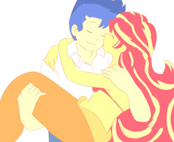 Size: 1280x1043 | Tagged: safe, artist:studiodraw, flash sentry, sunset shimmer, human, mermaid, equestria girls, g4, ariel, bridal carry, carrying, cheek kiss, crossover, duo, eyes closed, female, kissing, male, mermaidized, prince eric, ship:flashimmer, shipping, simple background, species swap, straight, white background