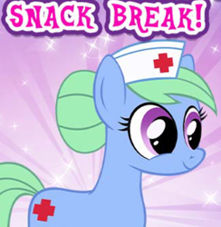 Size: 424x434 | Tagged: safe, gameloft, nurse tenderheart, earth pony, pony, my little pony: magic princess, cropped, english, female, hat, mare, meme, solo, text, wow! glimmer