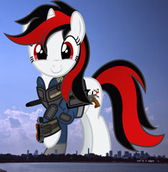 Size: 2008x2047 | Tagged: safe, anonymous editor, artist:vector-brony, edit, oc, oc only, oc:blackjack, pony, unicorn, fallout equestria, fallout equestria: project horizons, boston, clothes, fanfic, fanfic art, female, giant pony, giantess, high res, highrise ponies, irl, jumpsuit, macro, mare, massachusetts, photo, pipbuck, ponies in real life, raised hoof, solo, story included, vault security armor, vault suit, vigilance (gun)