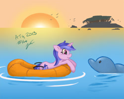 Size: 500x400 | Tagged: safe, artist:neriad, sea swirl, seafoam, dolphin, pony, unicorn, g4, atg 2013, duo, inflatable raft, island, looking at each other, looking at someone, newbie artist training grounds, sunset, water