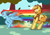 Size: 2048x1423 | Tagged: safe, artist:mscolorsplash, braeburn, rainbow dash, earth pony, pegasus, pony, g4, duo, duo male and female, ears back, female, male, mare, running, spread wings, stallion, windswept mane, wings