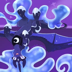 Size: 958x955 | Tagged: safe, artist:jezebel_remedy, princess luna, alicorn, pony, g4, :p, belly, coat markings, cute, ethereal mane, ethereal tail, facial markings, female, hoof shoes, hybrid wings, imminent snuggles, leonine tail, long mane, long tail, looking at you, lunabetes, lying down, mare, on back, pale belly, peytral, princess shoes, prone, silly, smiling, smiling at you, solo, spread wings, star (coat marking), starry legs, starry wings, sternocleidomastoid, tail, tongue out, upside down, white pupils, wings