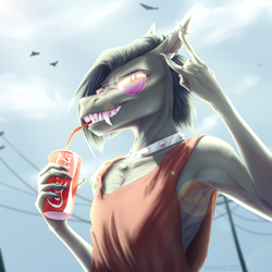 Size: 2000x2000 | Tagged: safe, artist:dementra369, oc, oc only, oc:ruby drop, anthro, accessory, claws, coca-cola, fangs, high res, piercing, solo, sunglasses