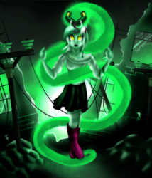 Size: 2400x2800 | Tagged: safe, artist:sixes&sevens, lyra heartstrings, human, snake, fanfic:the sunset archives, equestria girls, g4, fanfic art, female, floating, glowing, glowing eyes, high res, looking at you, ruins, solo, telephone pole