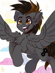 Size: 1200x1600 | Tagged: safe, artist:falafeljake, oc, oc only, pegasus, pony, chest fluff, commission, ear fluff, eyebrows, happy, looking at you, male, open mouth, open smile, pegasus oc, signature, smiling, smiling at you, solo, spread wings, stallion, wings