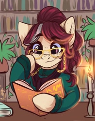 Size: 1100x1402 | Tagged: safe, artist:falafeljake, oc, oc only, oc:isadora inkwell, earth pony, pony, 2023, bibliophile, bibliophilia, book, bookshelf, bookworm, bushy brows, candle, clothes, commission, earth pony oc, eye clipping through hair, eyebrows, eyebrows visible through hair, female, freckles, glasses, library, mare, reading, signature, smiling, solo, thick eyebrows