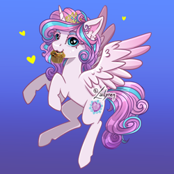 Size: 600x600 | Tagged: safe, artist:lailyren, princess flurry heart, alicorn, pony, colored eyebrows, colored eyelashes, colored pinnae, cute, ear fluff, eyeshadow, female, floating heart, flurrybetes, food, gradient background, heart, heart eyes, jewelry, looking at you, makeup, mare, mouth hold, muffin, older, older flurry heart, solo, spread wings, tiara, wingding eyes, wings