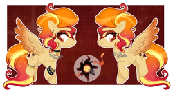 Size: 4372x2320 | Tagged: safe, artist:dixieadopts, oc, oc:summer gleam, pegasus, pony, anklet, bracelet, charm bracelet, colored wings, ear piercing, earring, eyeshadow, female, flying, gradient mane, gradient tail, gradient wings, grid, hairclip, jewelry, lidded eyes, looking back, makeup, mare, orange eyes, parent:spitfire, parent:sunset shimmer, parents:sunfire, pegasus oc, piercing, red background, simple background, solo, sparkly mane, sparkly tail, spread wings, studded bracelet, tail, wings