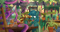 Size: 4334x2300 | Tagged: safe, artist:rutkotka, oc, oc only, oc:poison trail, earth pony, pony, commission, flower, flower pot, greenhouse, happy, ladder, smiling, solo, tentacles, watering can