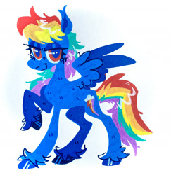 Size: 1920x1974 | Tagged: safe, artist:bishopony, rainbow dash, pegasus, pony, g4, alternate design, concave belly, female, looking at you, mare, raised hoof, simple background, slender, solo, thin, unshorn fetlocks, white background