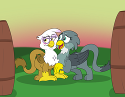 Size: 4550x3528 | Tagged: safe, artist:rupert, gabby, gilda, griffon, series:gildough and gabooty's summery gain of griffon glutes, g4, barrel, blushing, cheek squish, fat fetish, female, fetish, gilda is not amused, incentive drive, squishy cheeks, this will end in weight gain, tsundere, unamused