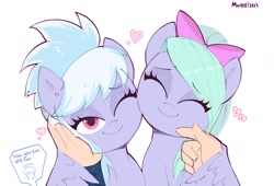 Size: 1992x1356 | Tagged: safe, artist:mar0x8, part of a set, cloudchaser, flitter, human, pegasus, pony, g4, bow, cheek rub, cute, cutechaser, daaaaaaaaaaaw, eyes closed, female, flitterbetes, hair bow, heart, human on pony petting, looking at you, male, male pov, mare, offscreen character, offscreen male, one eye closed, petting, pov, siblings, simple background, sisters, smiling, smiling at you, speech bubble, sweet dreams fuel, twins, white background