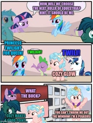 Size: 500x657 | Tagged: safe, cozy glow, lyra heartstrings, rainbow dash, shining armor, spike, twilight sparkle, oc, g4, comic, meme