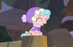 Size: 1024x667 | Tagged: safe, edit, edited screencap, screencap, cozy glow, pegasus, pony, frenemies (episode), g4, ^^, cozybetes, cute, eyes closed, female, filly, foal, laughing, solo, winter clothes