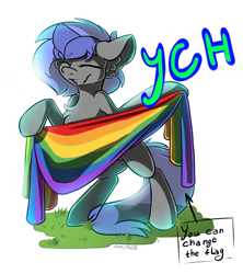 Size: 2217x2500 | Tagged: safe, artist:yuris, oc, oc only, pony, advertisement, any gender, any race, auction, auction open, commission, eyes closed, flag, high res, pride, pride flag, pride month, simple background, smiling, solo, white background, ych sketch, your character here