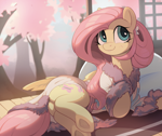Size: 4000x3358 | Tagged: safe, artist:nookprint, fluttershy, pegasus, pony, alternate hairstyle, bathrobe, butterfly hairpin, cherry blossoms, clothes, cute, daaaaaaaaaaaw, female, flower, flower blossom, looking at you, lying down, mare, on side, pillow, robe, shyabetes, smiling, smiling at you, solo, underhoof