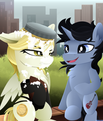 Size: 2300x2700 | Tagged: safe, artist:andaluce, oc, oc only, oc:sunny northfleet, oc:trent, pegasus, pony, unicorn, bench, chest fluff, city, cityscape, clothes, corset, duo, ear fluff, female, food, high res, laughing, lineless, male, mare, park, park bench, partially open wings, pie, pie in the face, pie tin, pied, prank, stallion, this will end in death, wings