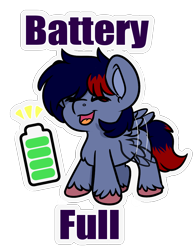 Size: 844x1078 | Tagged: safe, alternate character, alternate version, artist:rokosmith26, oc, oc only, oc:dawn chaser, pegasus, pony, battery, chest fluff, chibi, colored hooves, commission, cute, digital art, eyes closed, flapping wings, happy, male, open mouth, pegasus oc, simple background, social battery, solo, stallion, standing, tail, text, transparent background, two toned mane, two toned tail, unshorn fetlocks, wings, ych result