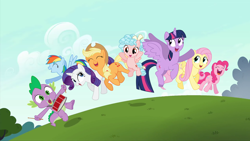 Size: 1920x1080 | Tagged: safe, edit, edited screencap, screencap, applejack, cozy glow, fluttershy, pinkie pie, rainbow dash, rarity, spike, twilight sparkle, alicorn, dragon, earth pony, pegasus, pony, unicorn, g4, a better ending for cozy, belly, character swap, cozybetes, cute, mane seven, mane six, twilight sparkle (alicorn)