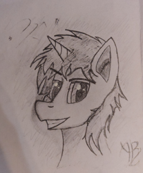 Size: 3255x3937 | Tagged: safe, artist:audio_bass, oc, unnamed oc, pony, unicorn, bust, grayscale, high res, magic, magic aura, male, monochrome, pencil drawing, portrait, simple background, solo, stallion, teeth, traditional art, white background