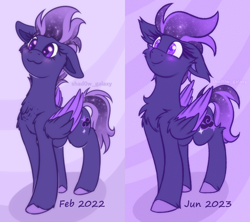 Size: 1152x1024 | Tagged: safe, artist:shad0w-galaxy, oc, oc only, oc:shadow galaxy, pegasus, pony, blushing, cheek fluff, chest fluff, cute, ear fluff, ethereal mane, floppy ears, fluffy, folded wings, hooves, pegasus oc, redraw, simple background, smiling, solo, starry mane, starry tail, style comparison, tail, unshorn fetlocks, wing fluff, wings