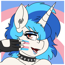 Size: 1200x1200 | Tagged: safe, artist:coatieyay, dj pon-3, vinyl scratch, unicorn, anthro, g4, bust, choker, clothes, fingerless gloves, gloves, hair over one eye, lipstick, makeup, open mouth, piercing, pride, pride flag, solo, spiked choker, tongue out, tongue piercing, transgender, transgender pride flag