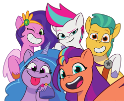 Size: 4360x3542 | Tagged: safe, hitch trailblazer, izzy moonbow, pipp petals, sunny starscout, zipp storm, earth pony, pegasus, pony, unicorn, g5, my little pony: tell your tale, official, .svg available, advertisement, background removed, dreamworks face, female, group photo, looking at you, male, mane five, mane stripe sunny, mare, selfie, silly, silly pony, simple background, stallion, svg, tongue out, transparent background, vector