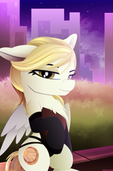 Size: 1797x2700 | Tagged: safe, artist:andaluce, oc, oc only, oc:sunny northfleet, pegasus, pony, adorasexy, bench, chest fluff, city, cityscape, clothes, corset, cute, female, lineless, looking at you, mare, milf, night, park, park bench, partially open wings, raised hoof, sexy, sitting, socks, solo, wings