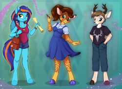 Size: 1900x1390 | Tagged: safe, artist:sirzi, oc, oc only, oc:aluxiri, oc:jendyn, oc:skysee way, deer, pegasus, anthro, unguligrade anthro, bag, breasts, clothes, cloven hooves, dress, female, hand in pocket, jewelry, necklace, pants, pegasus oc, pen, scroll, shirt, shorts, stylus, t-shirt, trio