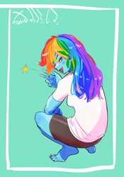 Size: 1400x2000 | Tagged: safe, artist:sozglitch, rainbow dash, human, equestria girls, g4, barefoot, breasts, feet, female, looking at you, looking back, looking back at you, open mouth, open smile, peace sign, sideboob, smiling, smiling at you, solo, tomboy, tomboy dash