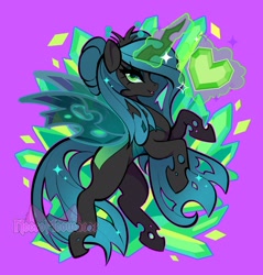 Size: 1955x2048 | Tagged: safe, artist:necromeowncer, queen chrysalis, changeling, changeling queen, g4, crystal, crystal heart, fangs, glowing, glowing horn, hair bun, high res, horn, lidded eyes, looking at you, open mouth, purple background, rearing, simple background, solo, spread wings, wings