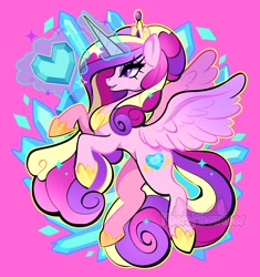 Size: 1929x2048 | Tagged: safe, artist:necromeowncer, princess cadance, alicorn, pony, g4, crystal, crystal heart, female, glowing, glowing horn, hair bun, horn, jewelry, lidded eyes, looking forward, mare, open mouth, pink background, rearing, regalia, simple background, solo, spread wings, wings