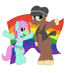 Size: 2200x2400 | Tagged: safe, alternate version, artist:amateur-draw, oc, oc only, oc:belle boue, oc:oak wood, earth pony, pony, unicorn, bipedal, clothes, denim, denim shorts, duo, harness, hat, high res, leather, leather vest, pride, pride flag, pride month, shorts, simple background, tank top, vest, white background