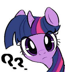 Size: 389x435 | Tagged: safe, artist:muffinz, twilight sparkle, pony, unicorn, g4, bust, cute, description is artwork too, description is relevant, eye clipping through hair, female, frown, looking at you, mare, question mark, simple background, solo, unicorn twilight, white background