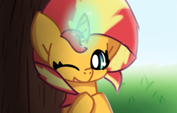 Size: 2500x1600 | Tagged: safe, artist:just loq, sunset shimmer, pony, unicorn, g4, bacon hair, cute, day, shimmerbetes, solo, tree